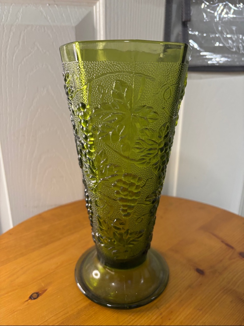 Green Pressed Glass Vase with Grape Motif